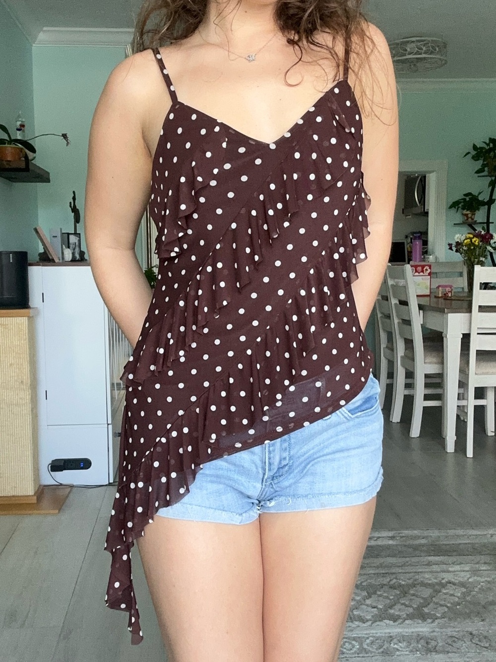 Thirty Thirty LA Brown Polka Dot Ruffle Top L